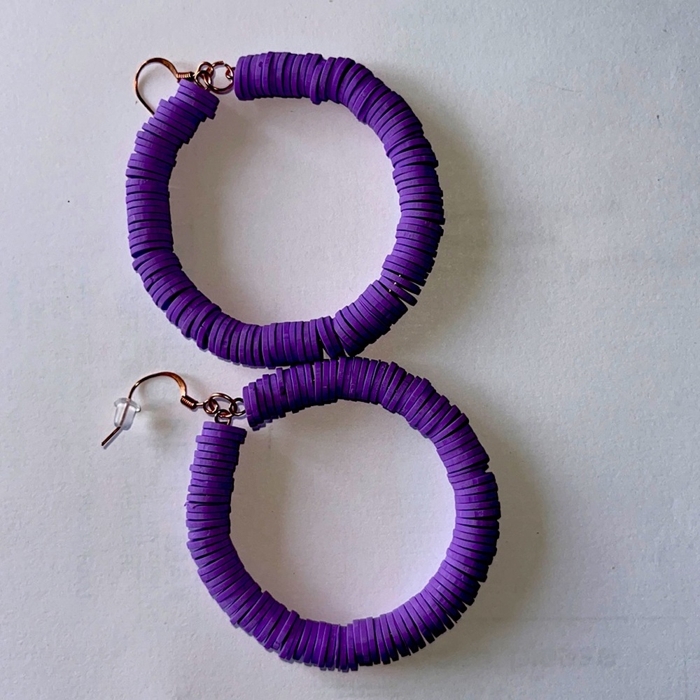 Polymer clay purple hoop earrings nickel free